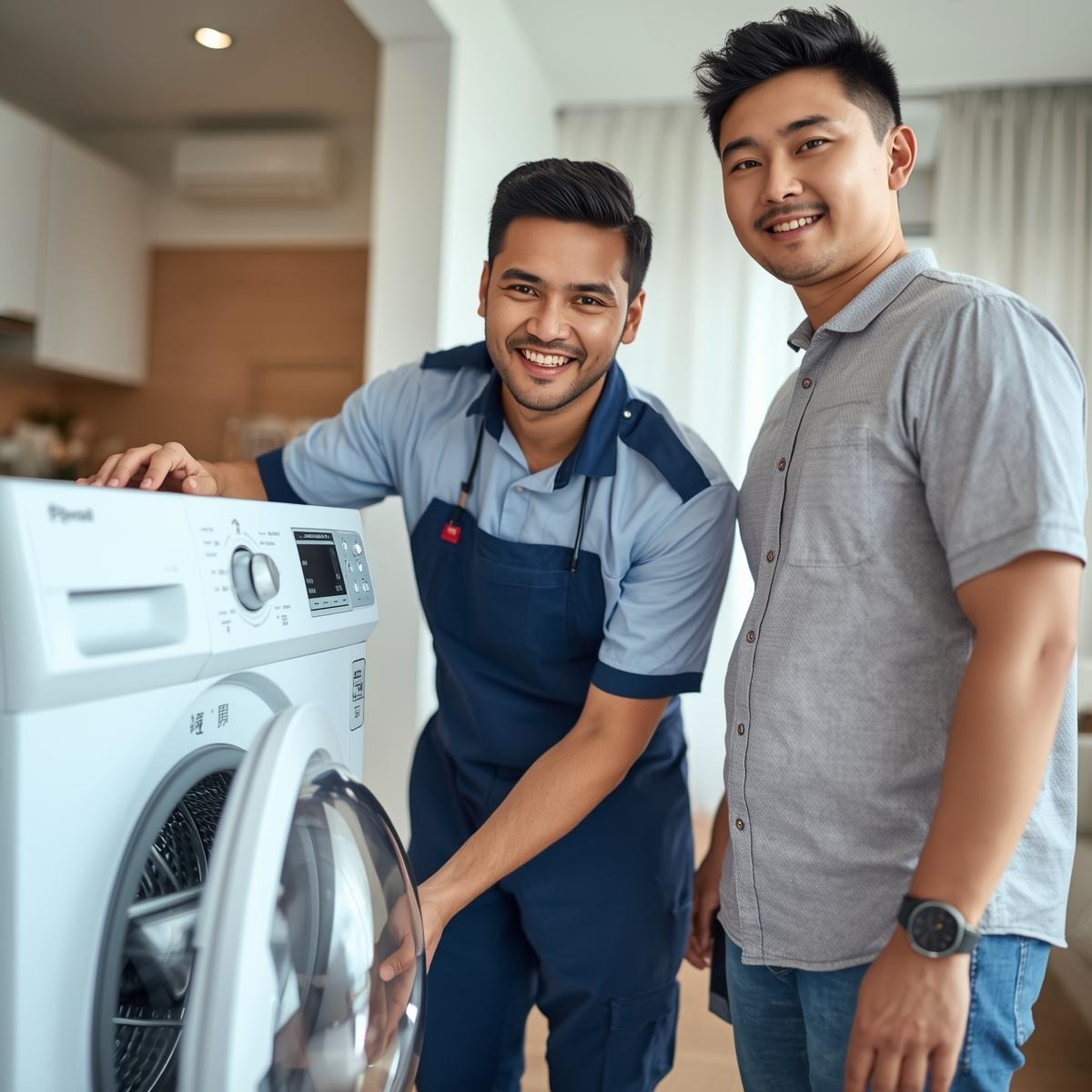 Técnico de geladeira de BH sorrindo ao lado de cliente