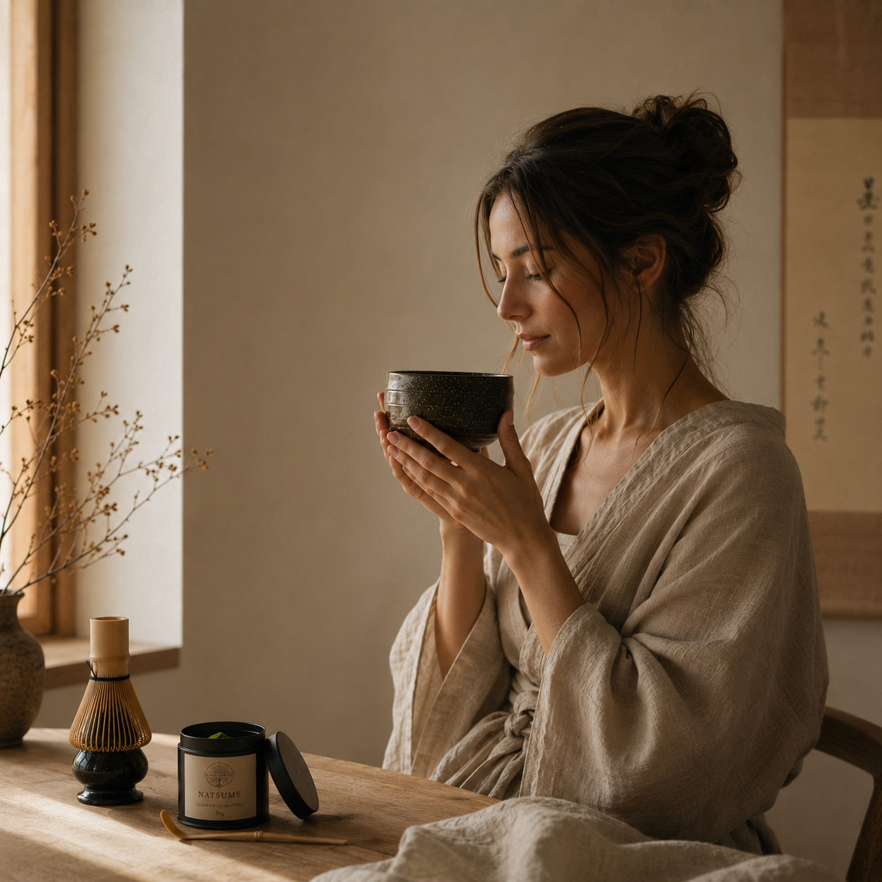 Person enjoying a calm morning matcha ritual with soft natural light and ceramic matcha bowl