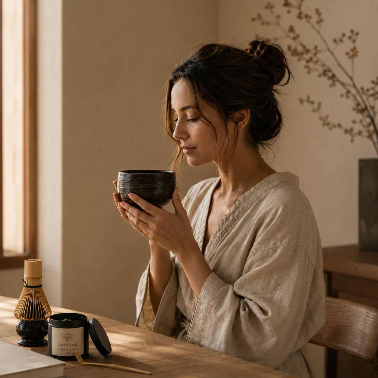 Woman enjoying a calm morning matcha ritual with ceramic bowl and soft natural light.
