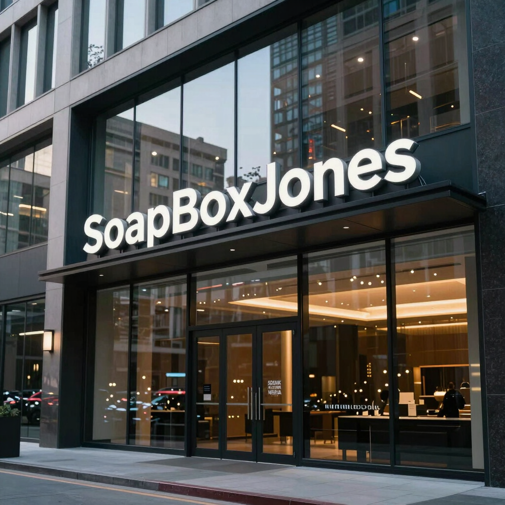 Exterior of a modern, architecturally sleek building in a North American urban setting. Large glass windows reflect the city lights. A clean, sophisticated signage for SoapBoxJones Kosmik Media is subtly visible. The mood is professional and forward-thinking.