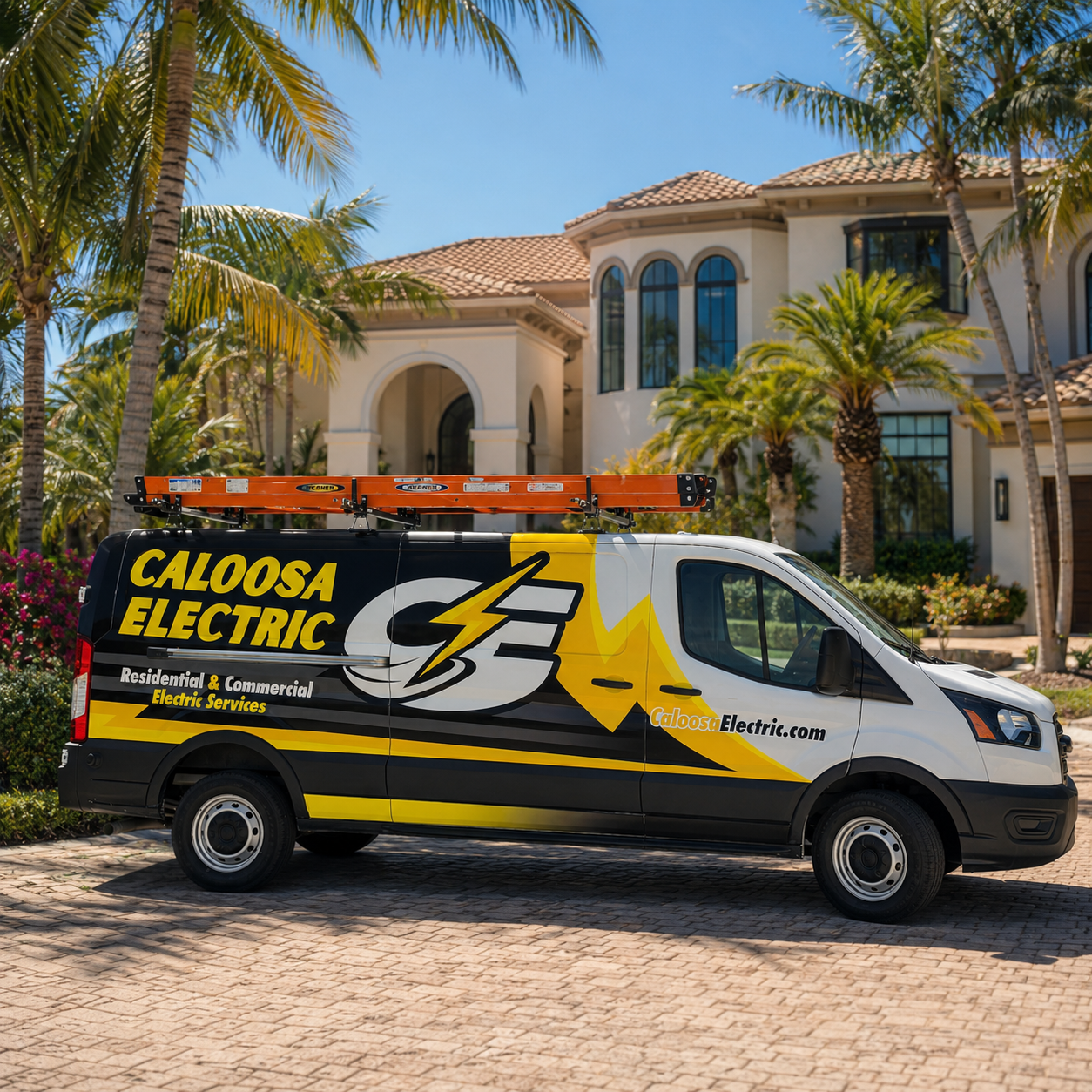 Caloosa Electric service van parked at a luxury residential home for electrical repairs.