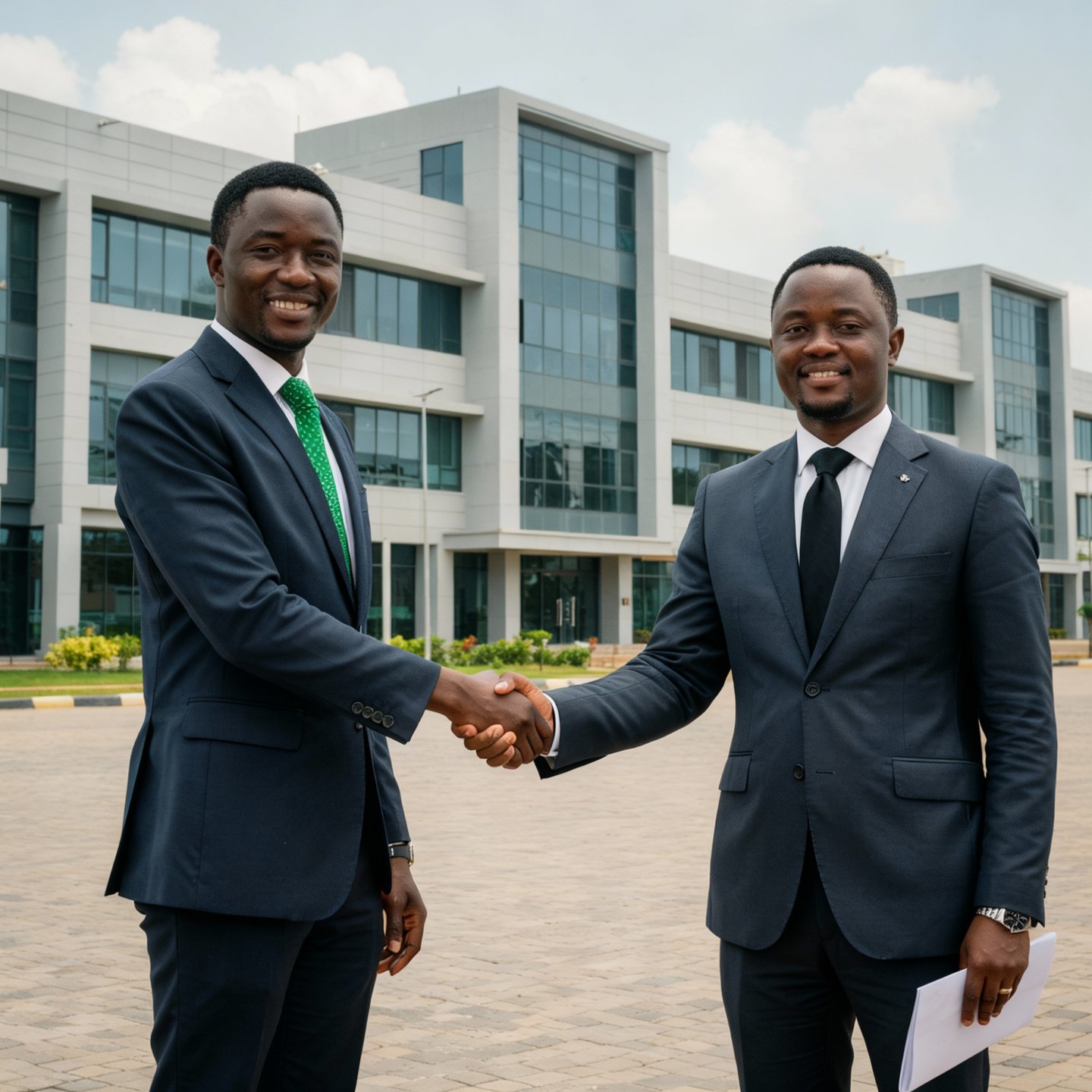 two men shaking hands in front of a building
