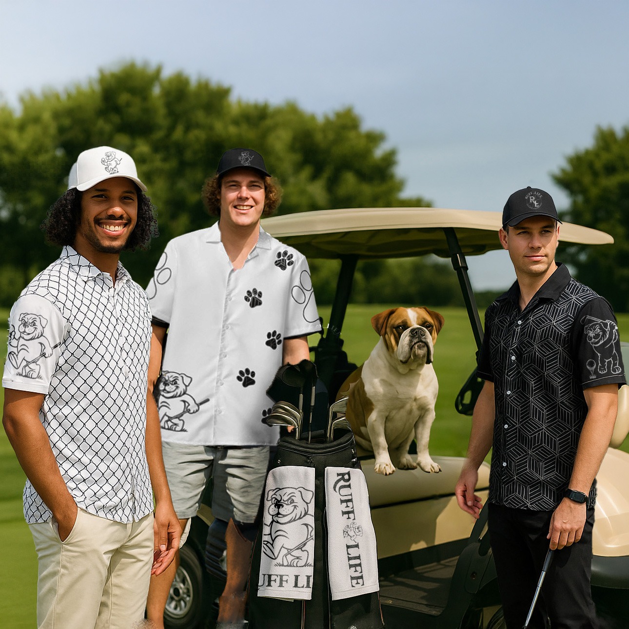 Golfers wearing stylish and standout golf shirts while a bulldog sits calmly by in the golf cart.