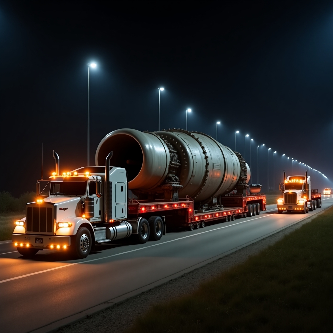 a truck with a large pipe - like structure on the side of the road