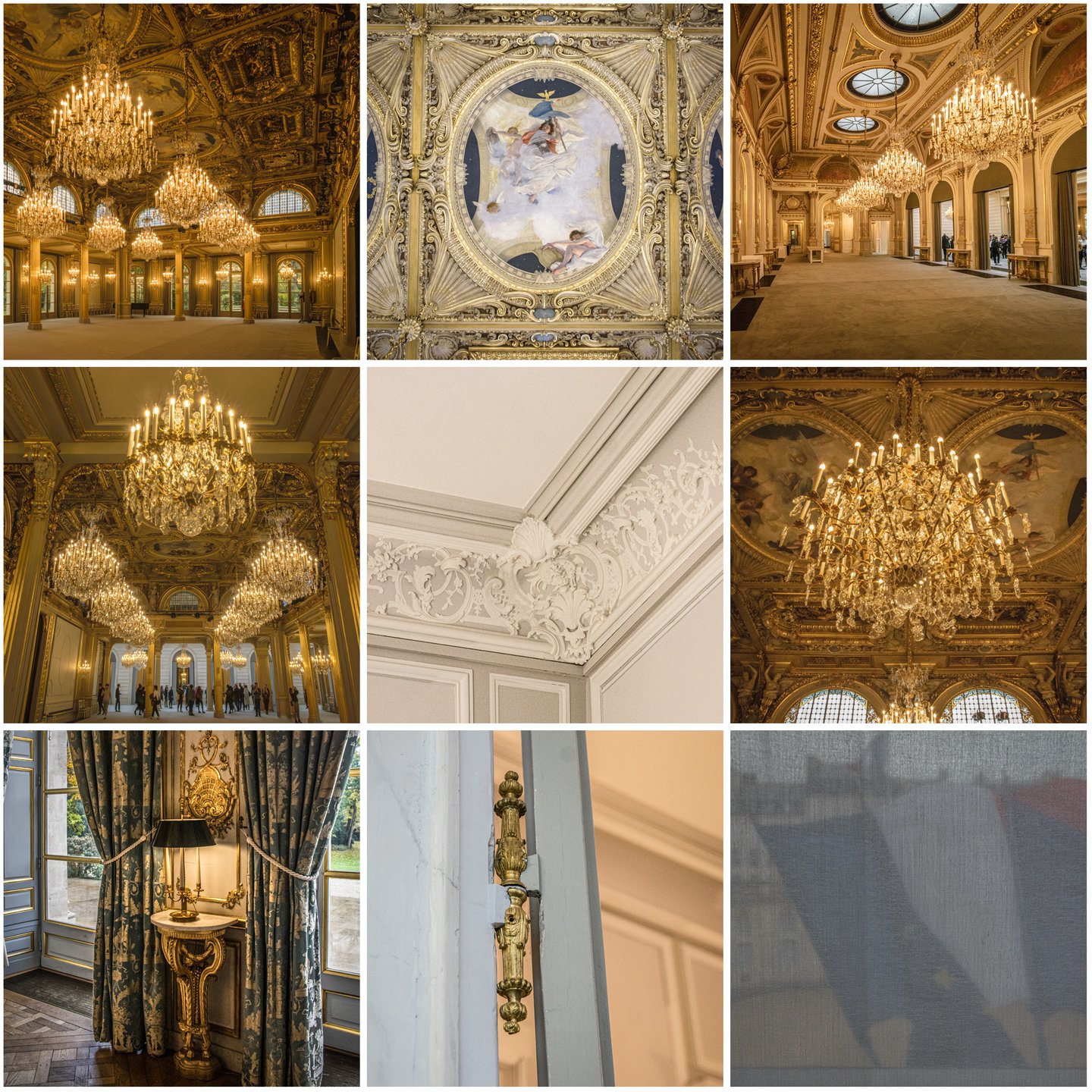 Ornate French palace interior with crystal chandeliers, gold leaf ceilings, and Renaissance frescoes.