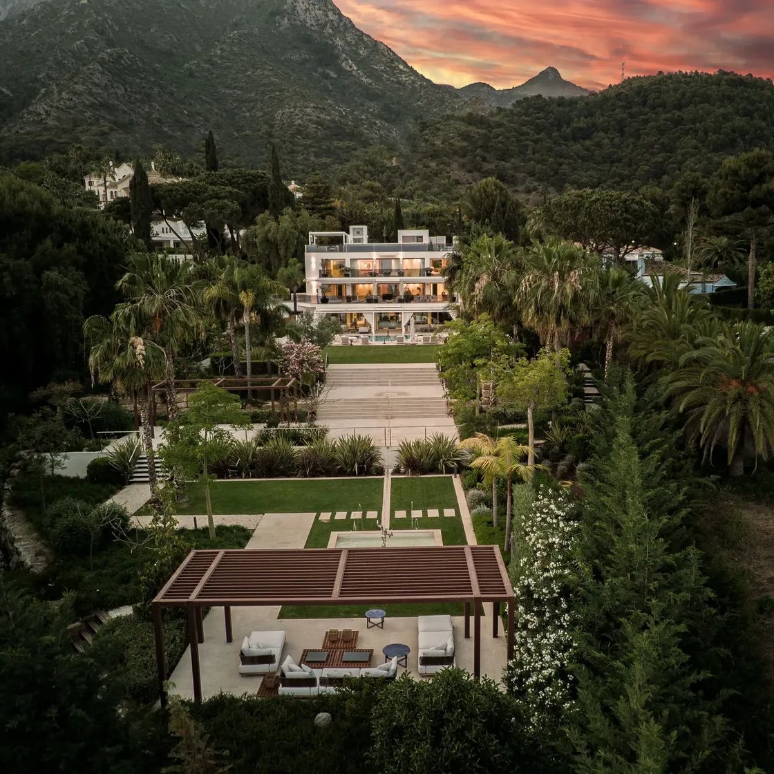 Villa Serenity aerial view with gardens and mountain backdrop