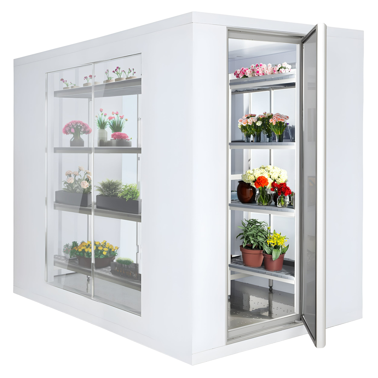 URBTEK, Top manufacturer and supplier of flower chiller cold rooms in Dubai, UAE, installing a glass flower chiller 