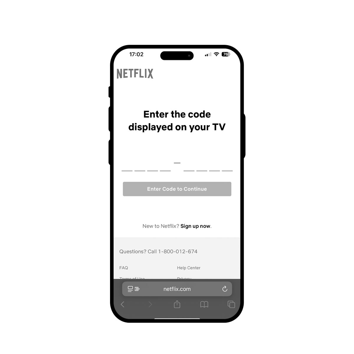 Mobile screen showing Netflix code entry for casting