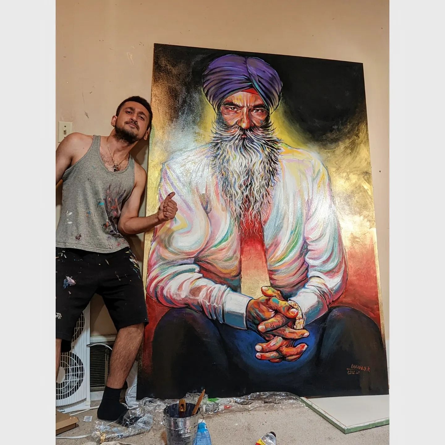portrait art with artist S. K. Gusani, life size, gold leaf, gold