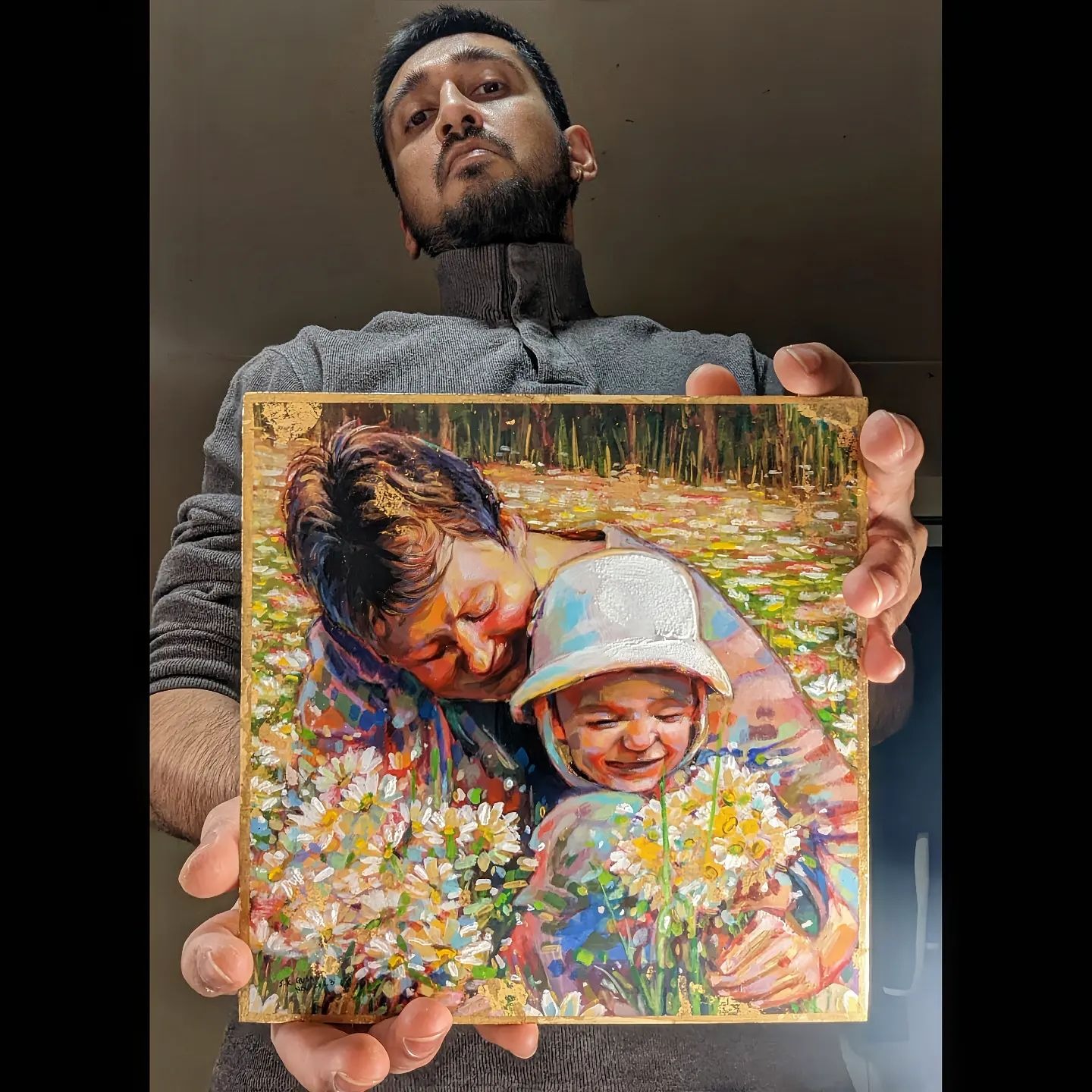 golden portrait painting of a family