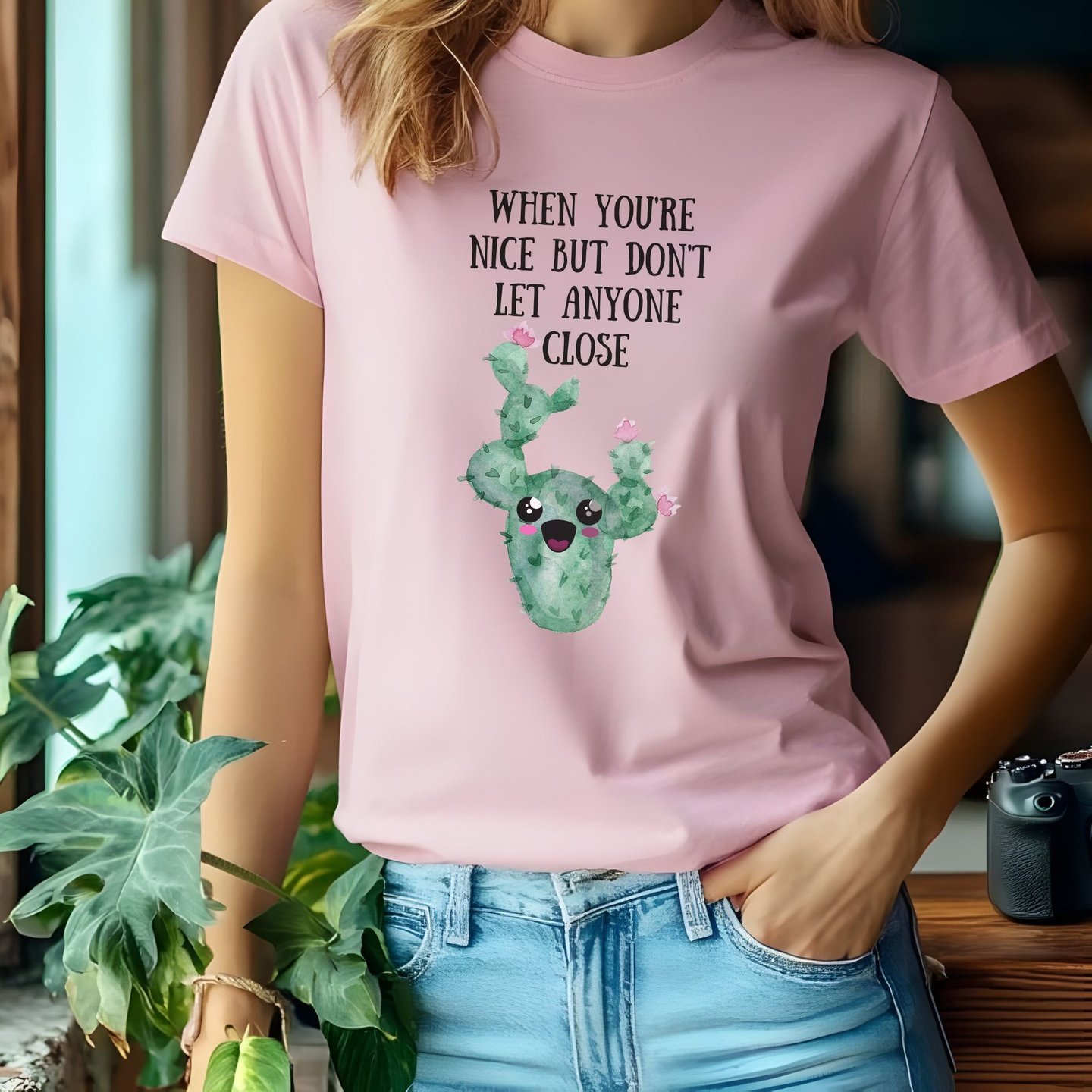 Woman wearing a pink graphic plant t-shirt with a cute smiling cactus design from Miss Chatty Plants.