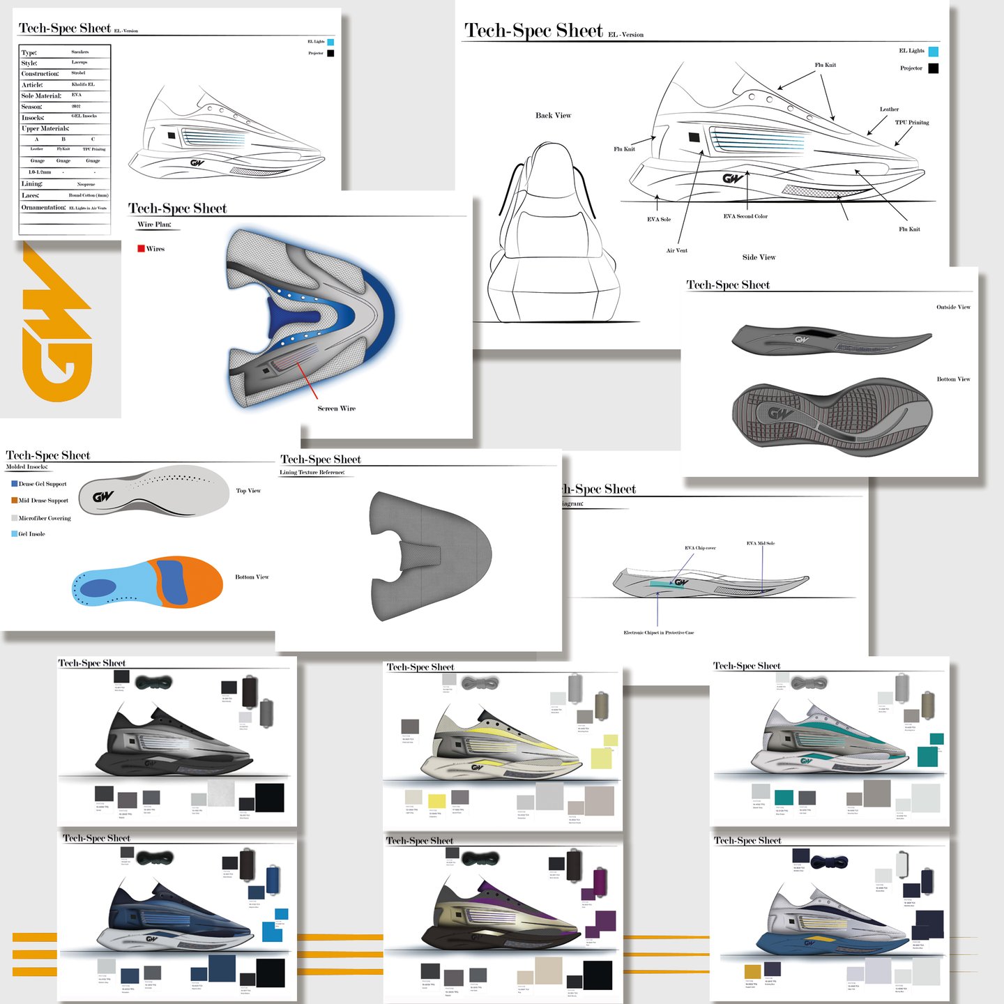 Running shoe technical specification sheet by Cavity Studios showing detailed design specs.