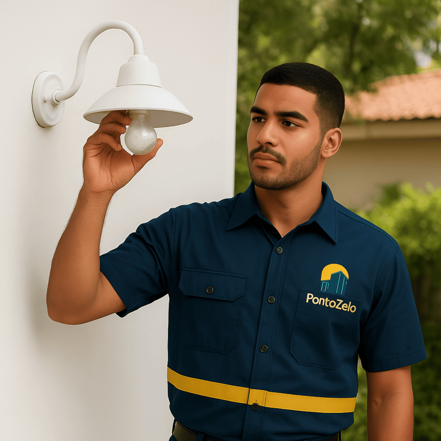 Zelador fazendo manutenção nas lâmpadas do condomínio