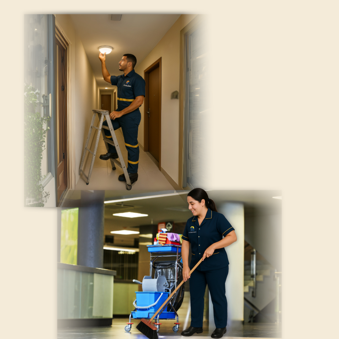 um zelador trocando a lampada e uma funcionaria limpando o hall de entrada