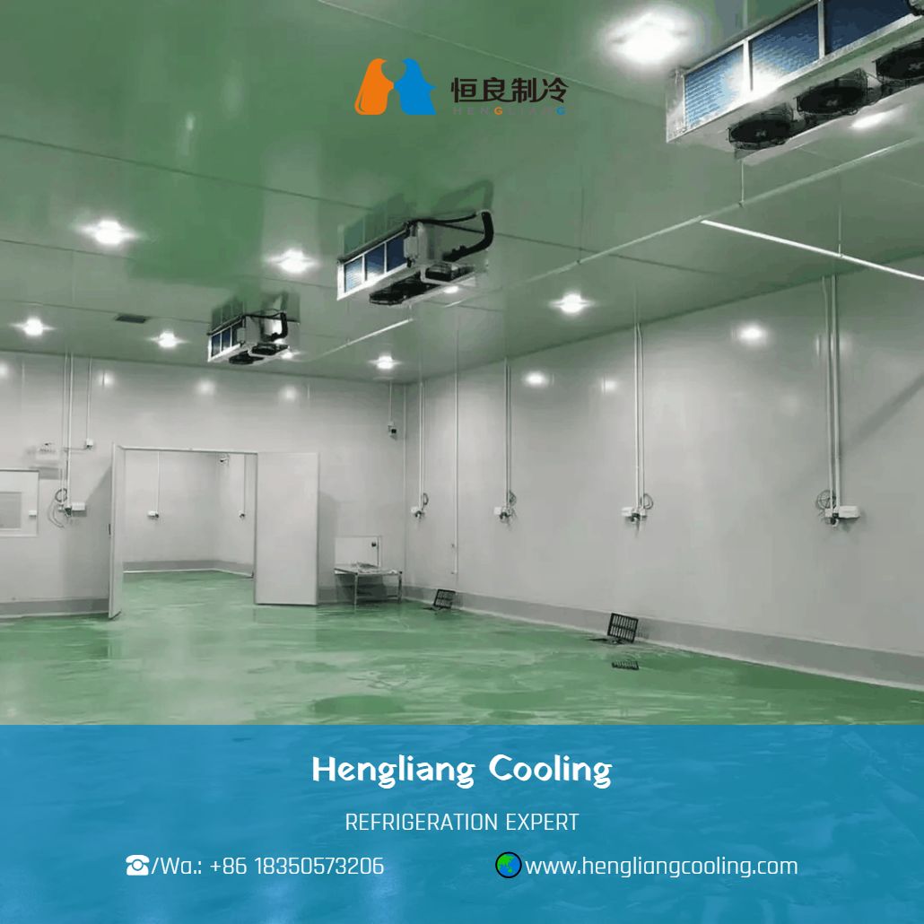 industrial meat cold storage room with hanging carcasses and temperature control system