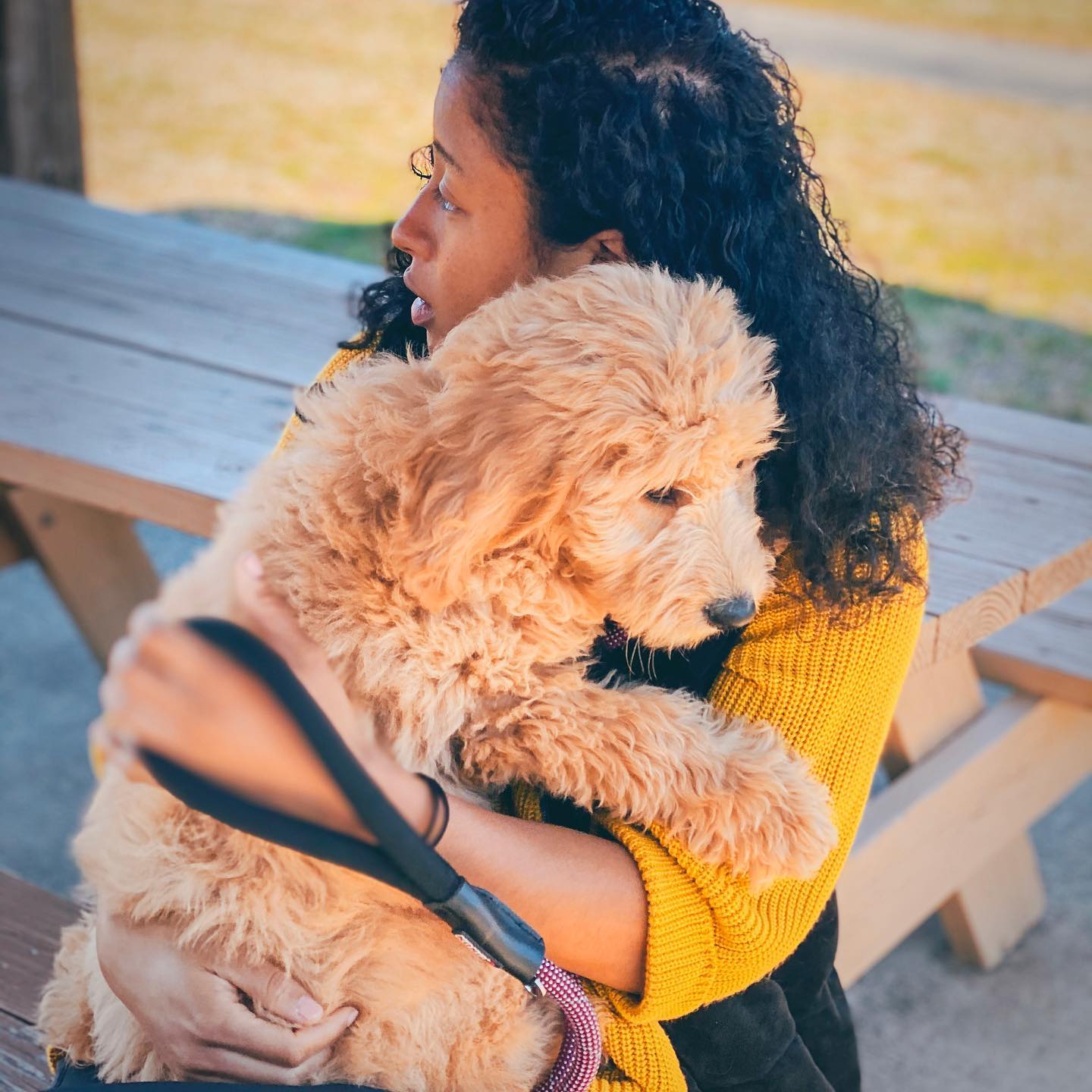 a woman holding a dog in her arms