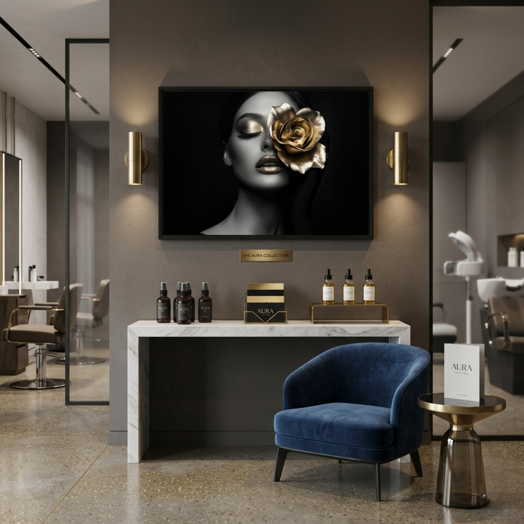 Luxury beauty salon interior featuring a blue velvet chair, marble console, and black and gold wall art.