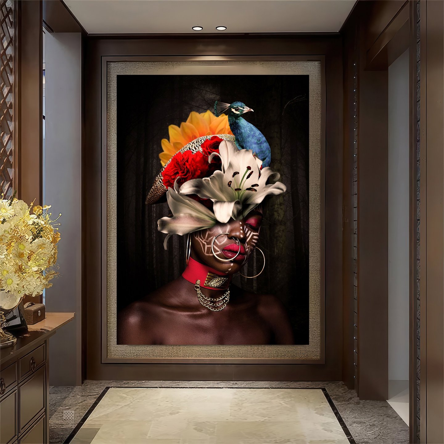 Elegant black woman art with flowers and a peacock in her head.