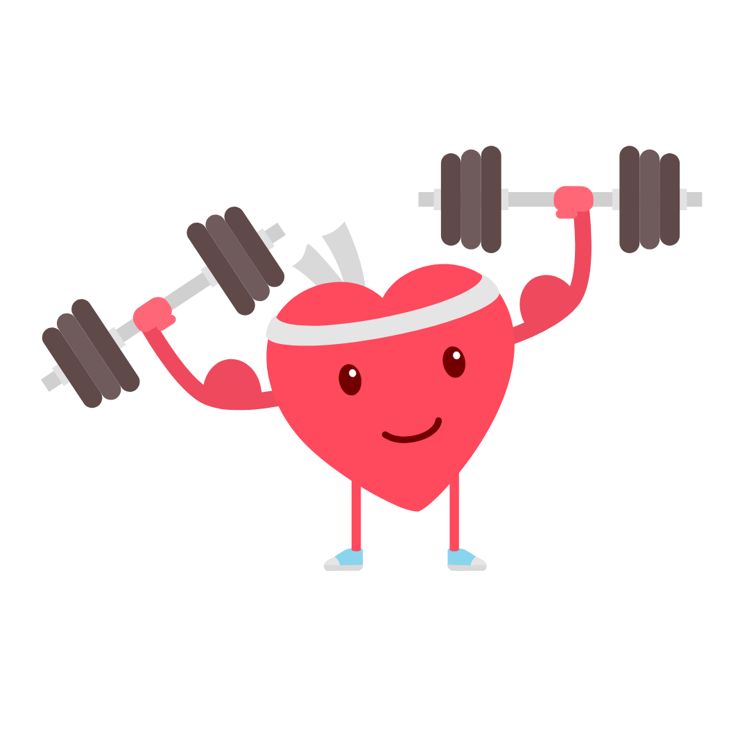 Coração com braços levantando halteres, simbolizando força e saúde.