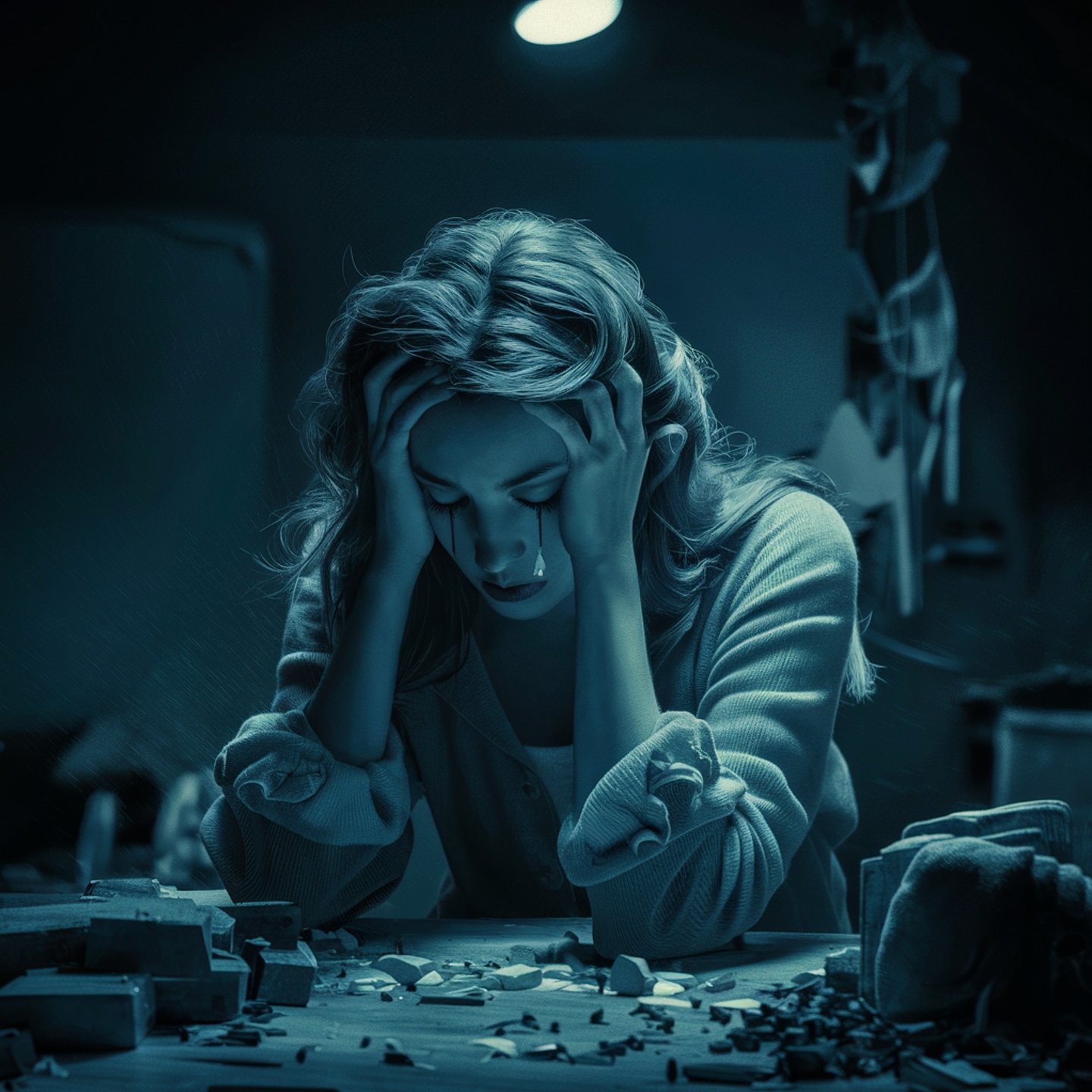 Mulher chorando com vários remédios na mesa, simbolizando depressão e ansiedade.