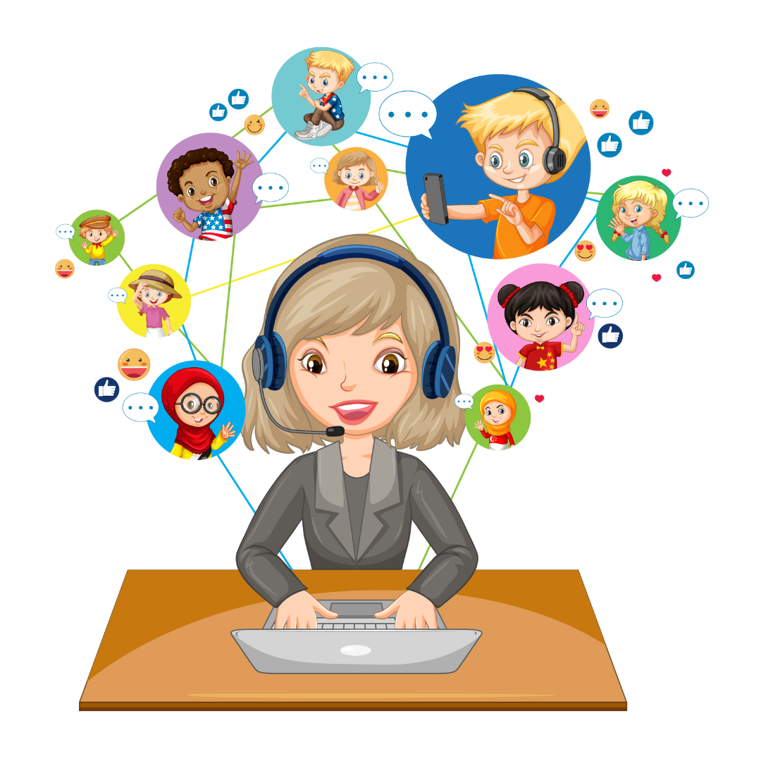 Mulher com headset e laptop, simbolizando ensino a distância e inclusão educacional.