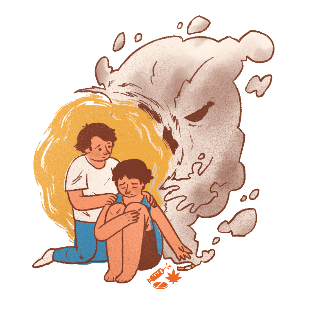 Homem apoiando uma mulher com vícios, com sombras ao fundo simbolizando influência negativa.