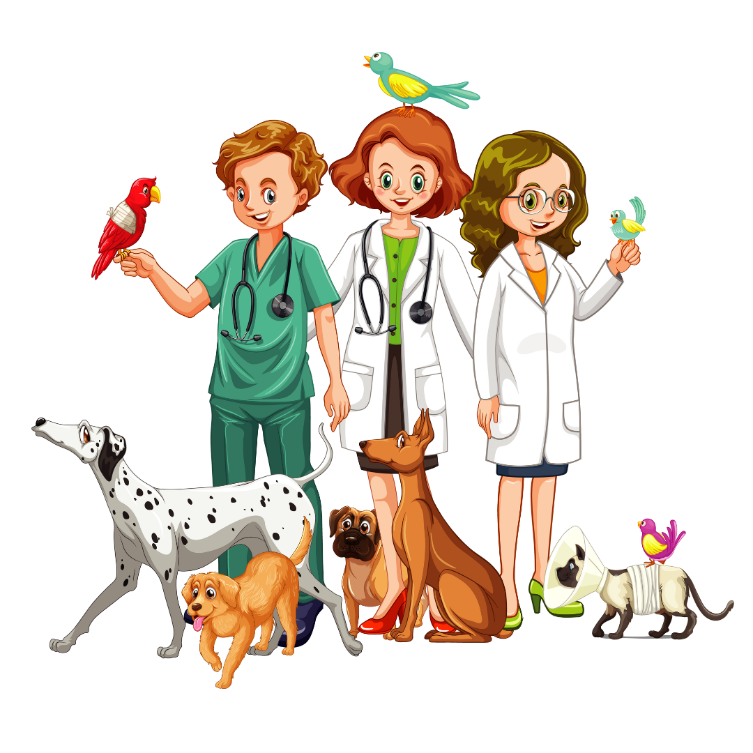 Veterinários cercados por cães, gatos, papagaios e passarinhos, simbolizando o cuidado com os bichos