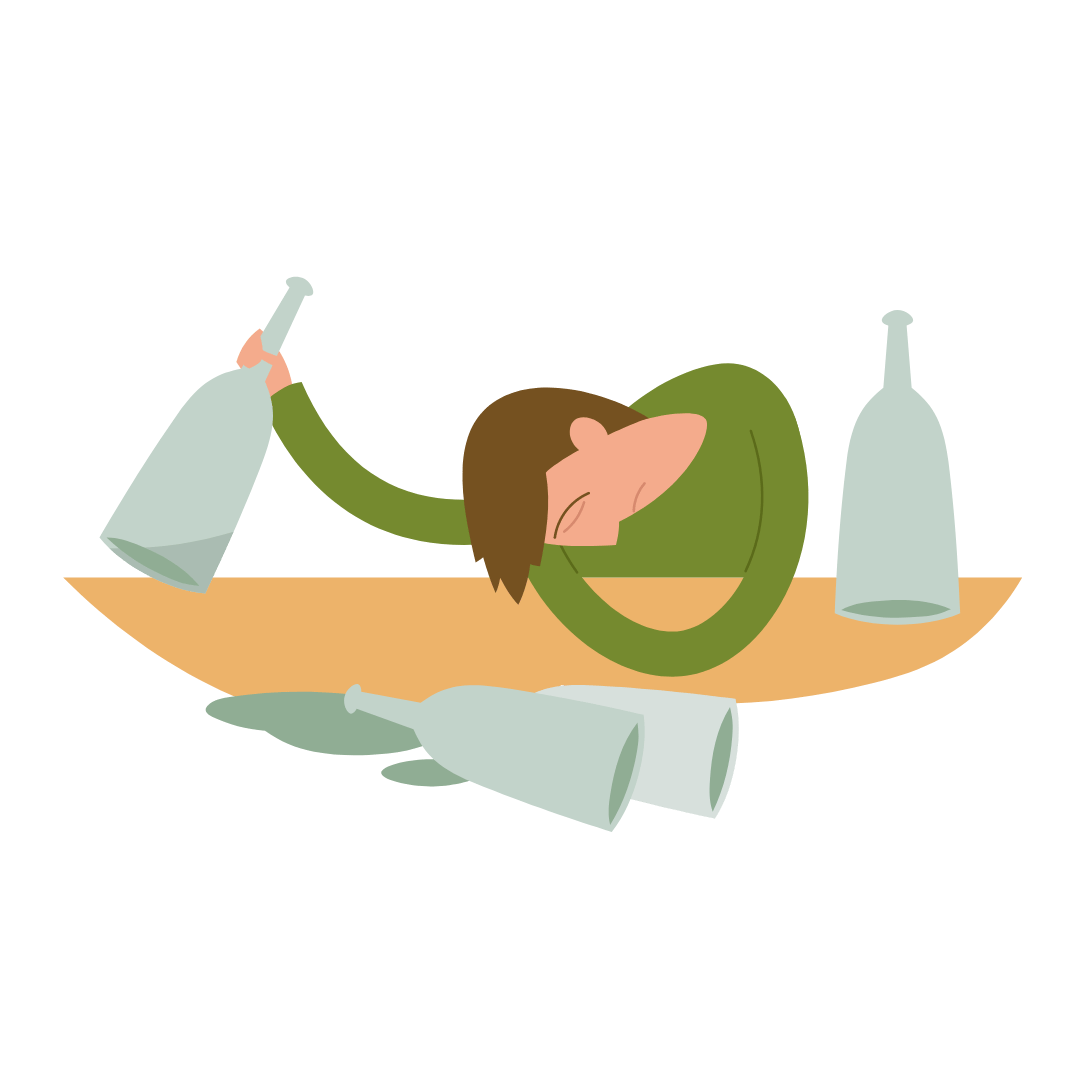 Pessoa embriagada com garrafas vazias na mesa, simbolizando os efeitos do álcool.