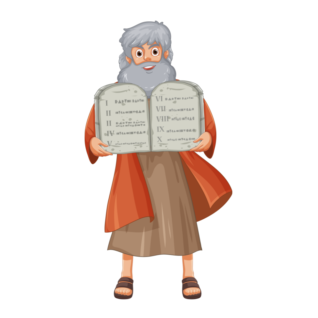 Homem com barba segurando um grande livro, simbolizando Moisés e os Dez Mandamentos.