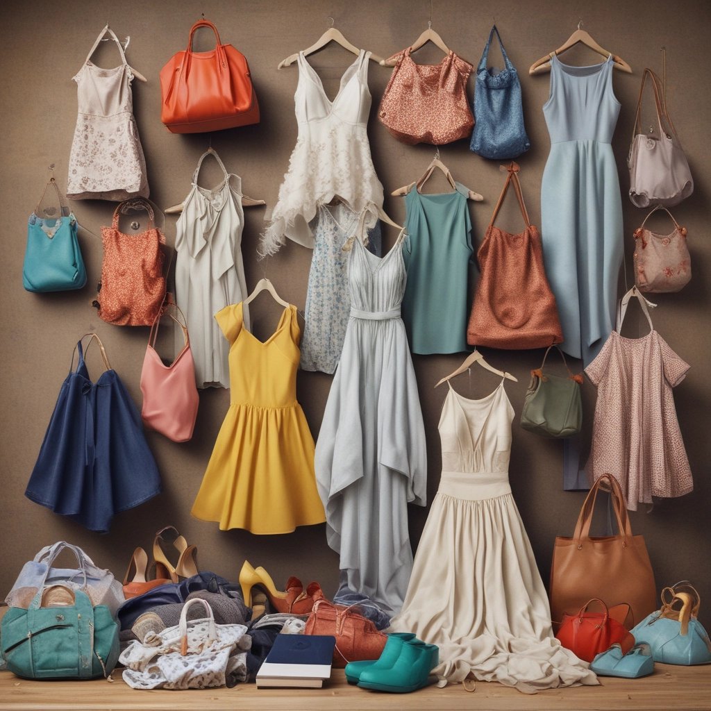 A collection of fashion items is neatly arranged, including a zebra-print top, a cream ribbed sweater, a crocodile pattern clutch bag, a set of gold bangles, a beaded necklace, a shiny black pair of high-heeled sandals, and a vibrant red clutch.