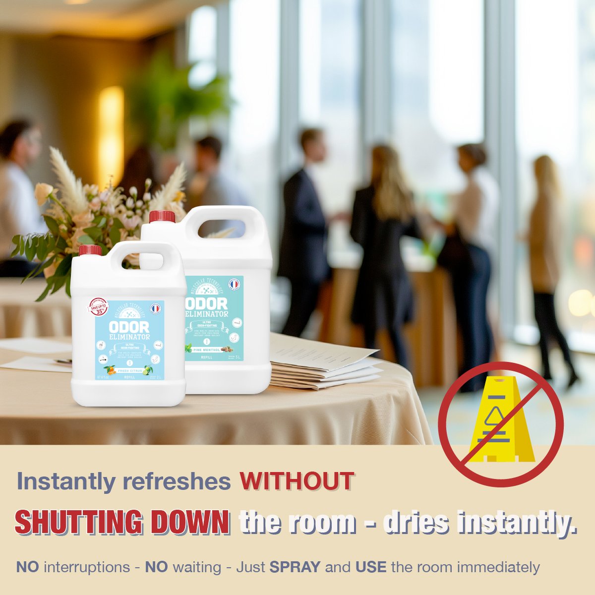 Instantly refreshes WITHOUT SHUTTING DOWN the room - dries instantly.