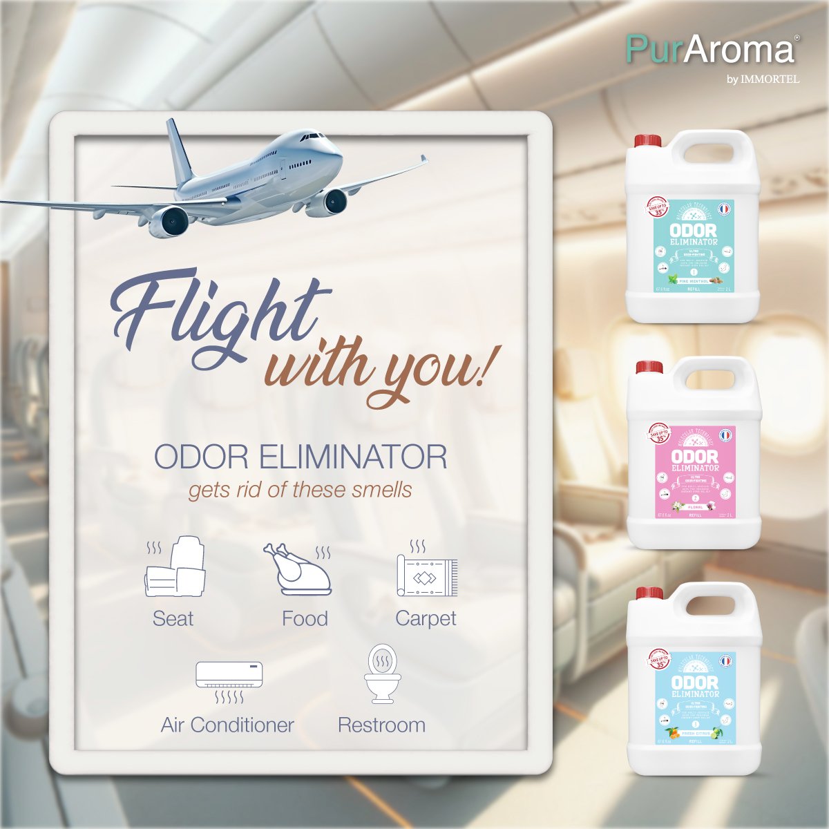 "ODOR ELIMINATOR gets rid of these smells: Seat, Food, Carpet, Air Conditioner, Restroom."