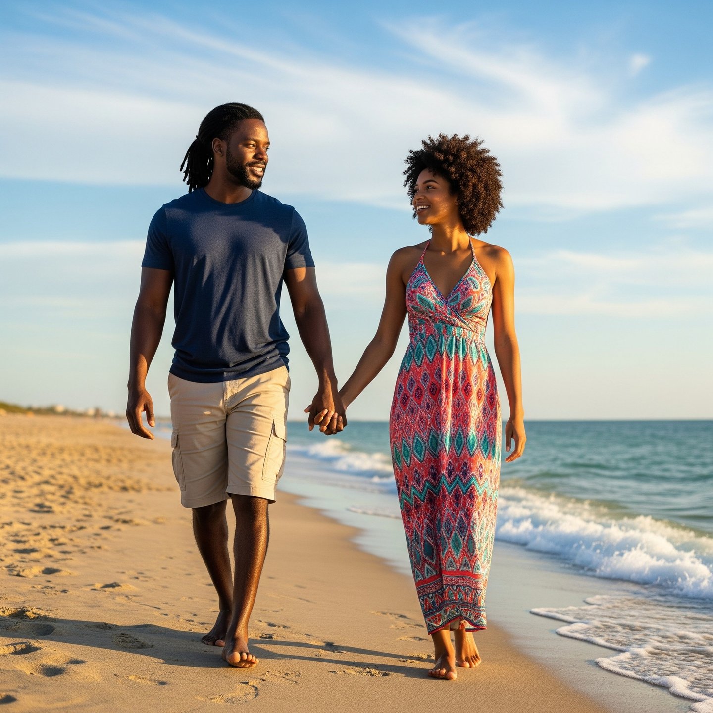 man woman walking beach