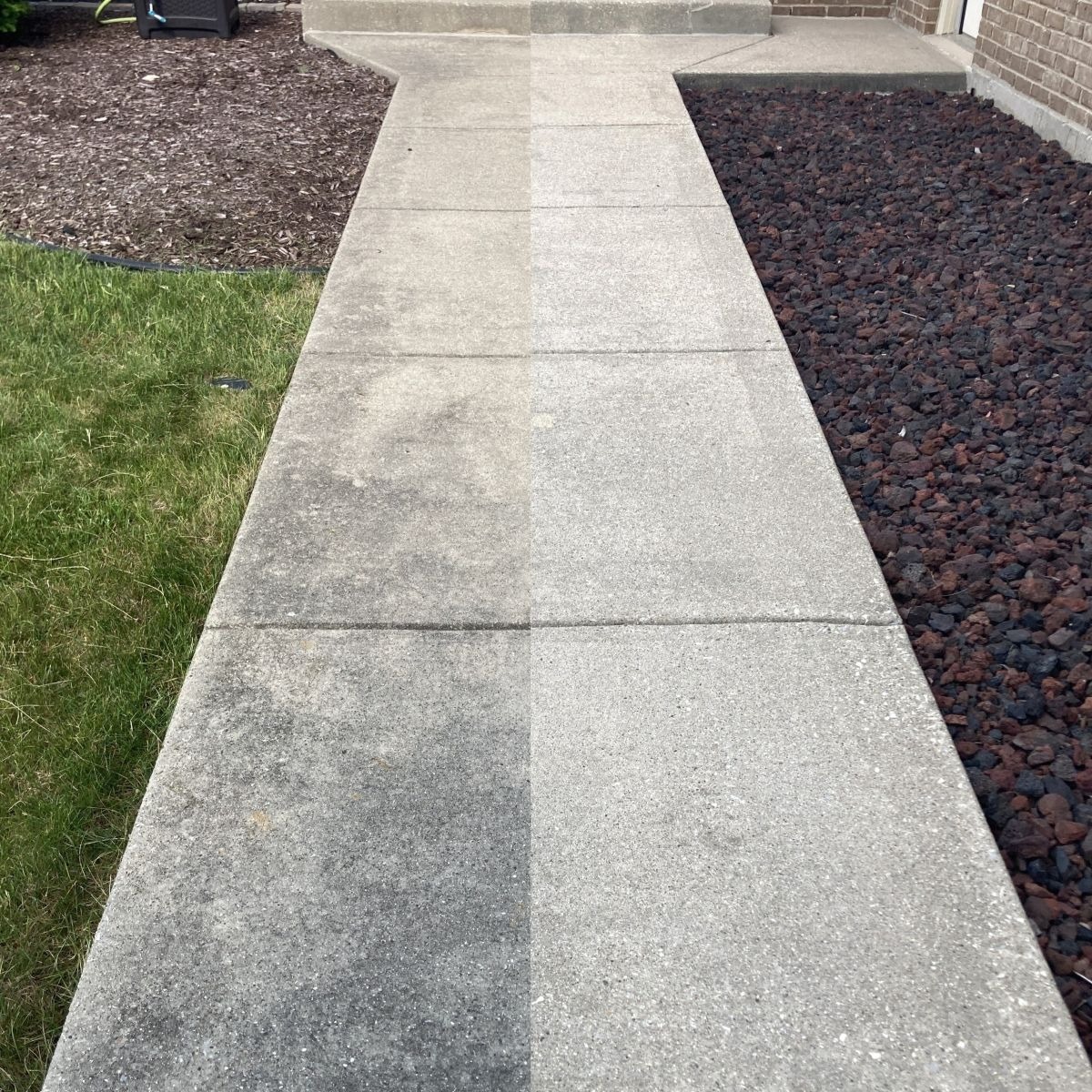 Split view of power washing concrete sidewalk in Orland Park.