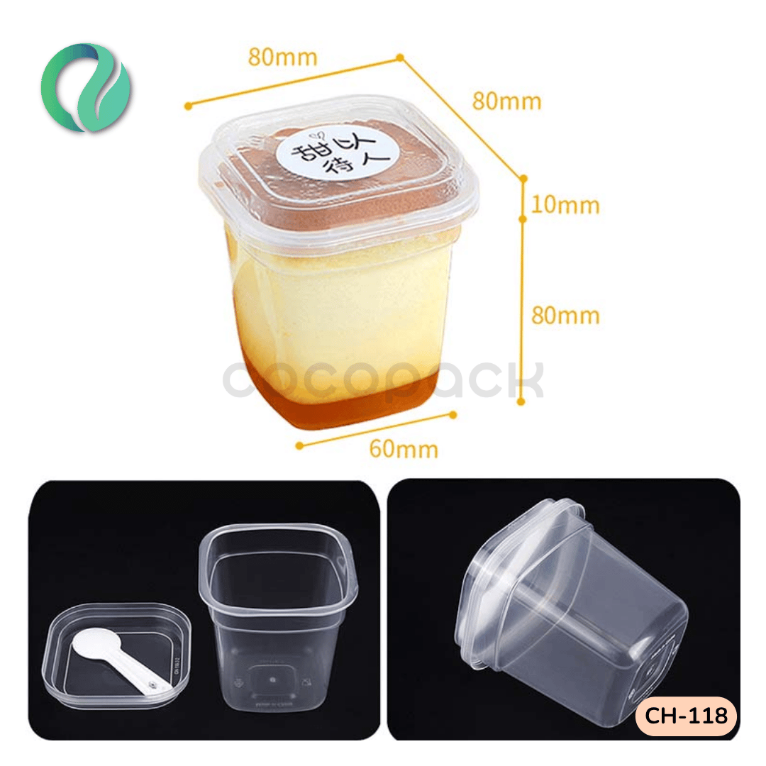 Clear square plastic dessert cups with lids and dimensions for pudding or mousse packaging.