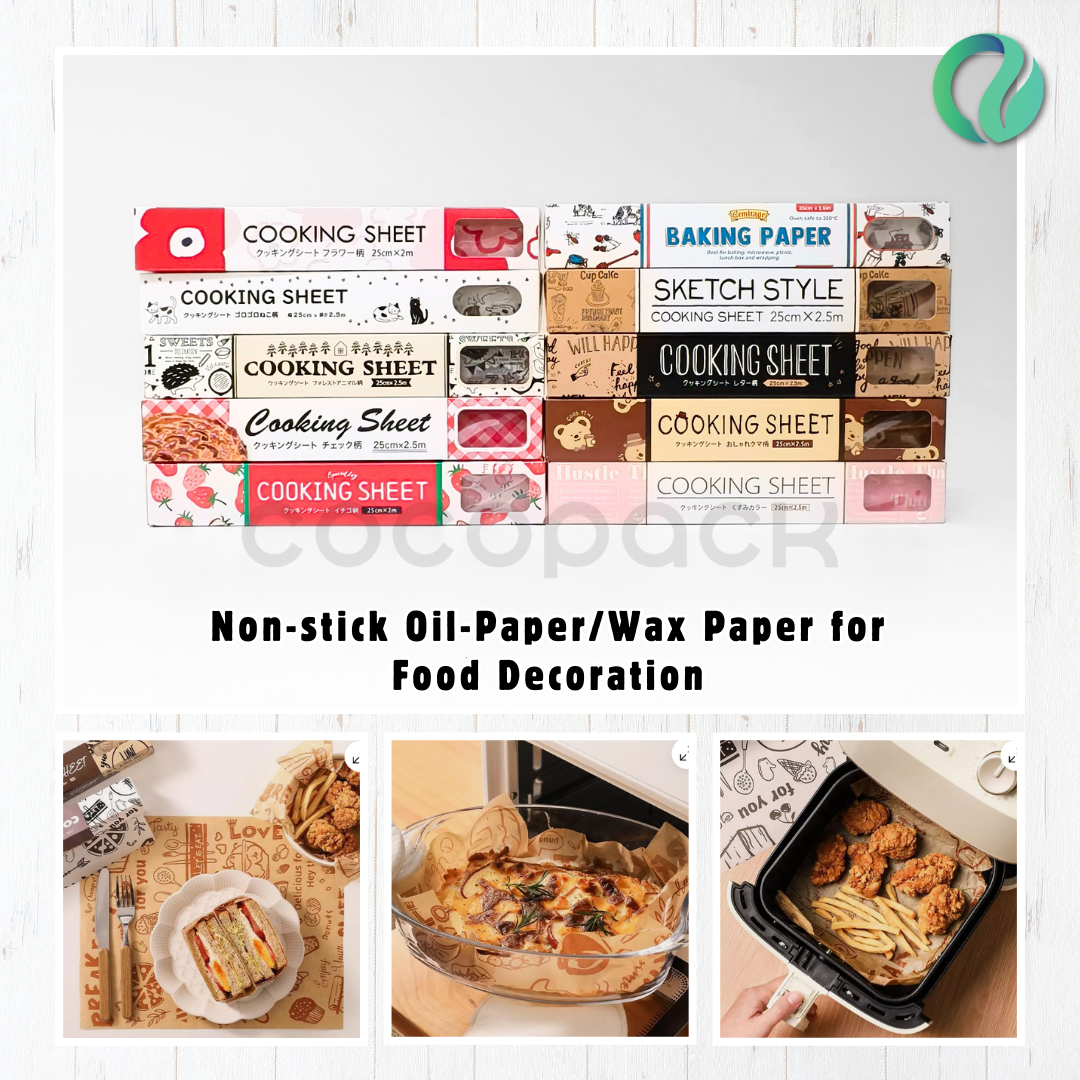 Non-stick decorative wax paper and cooking sheets used for air fryers and food presentation.