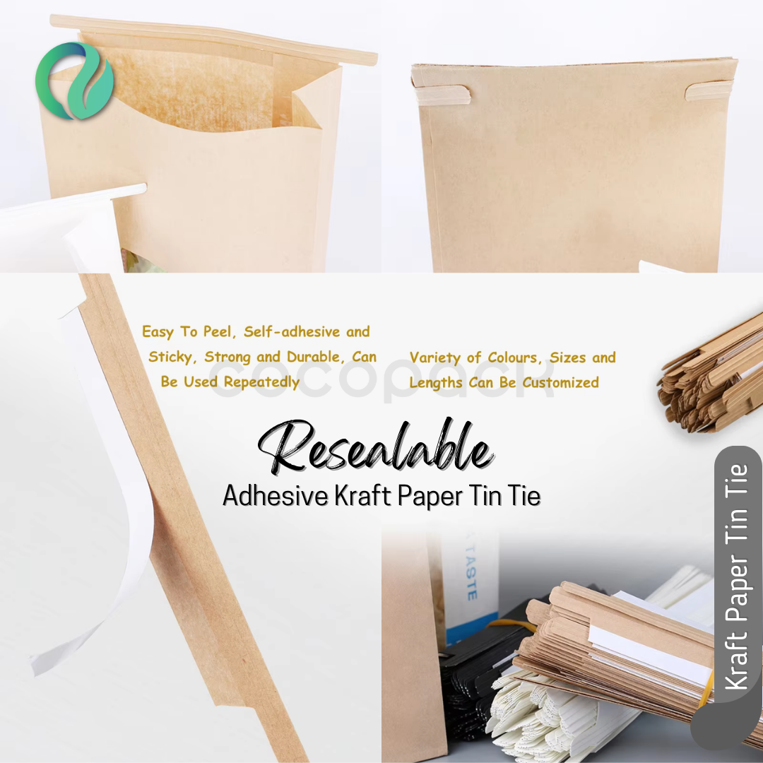 Resealable adhesive kraft paper tin tie closures for coffee bags and food packaging.