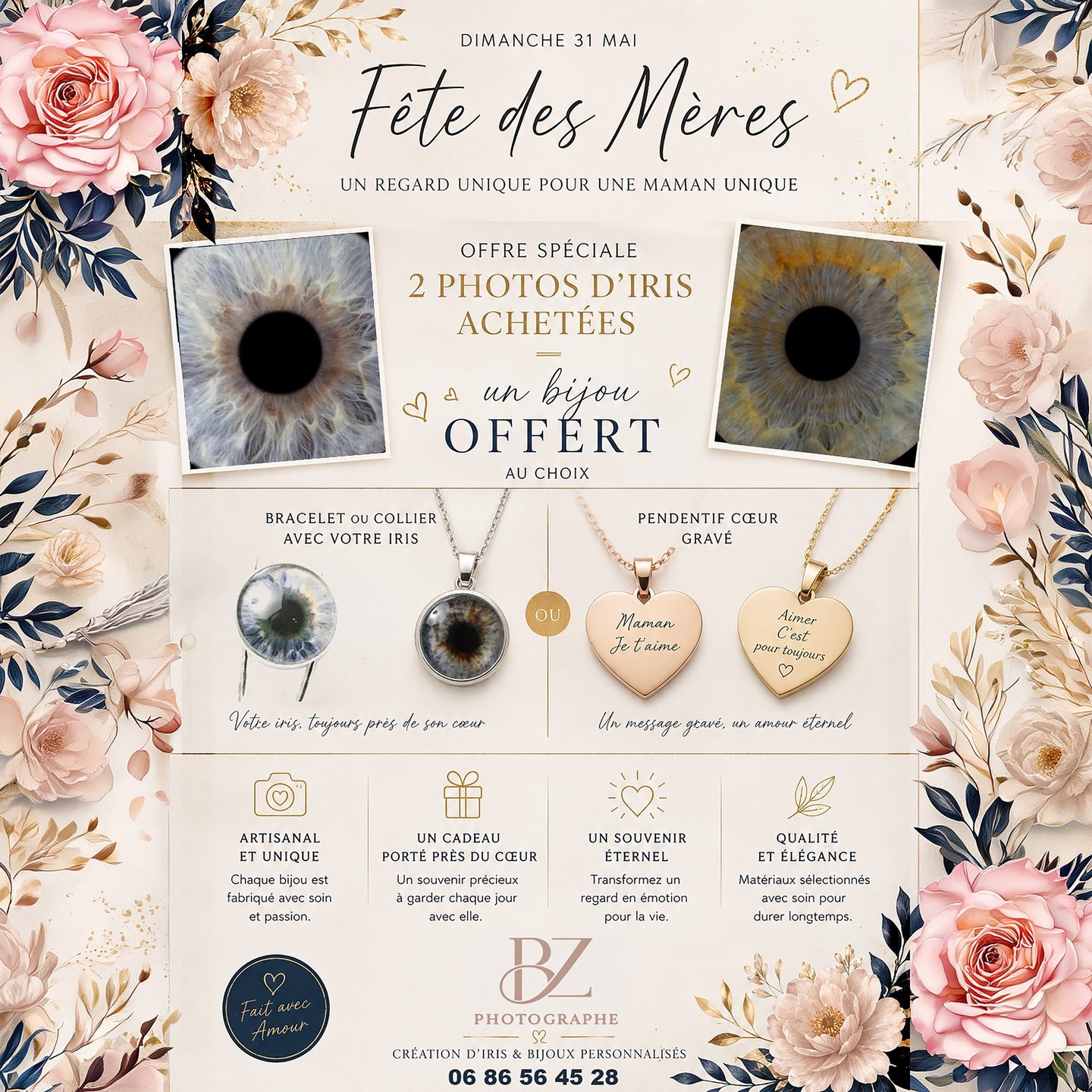 French Mother's Day advertisement for iris photography and custom iris jewelry with floral decorations.
