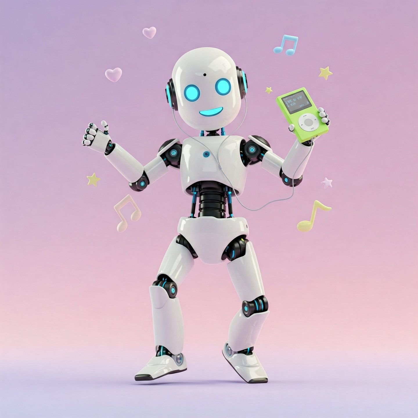 Robot humanoide bailando con un MP3 en la mano.