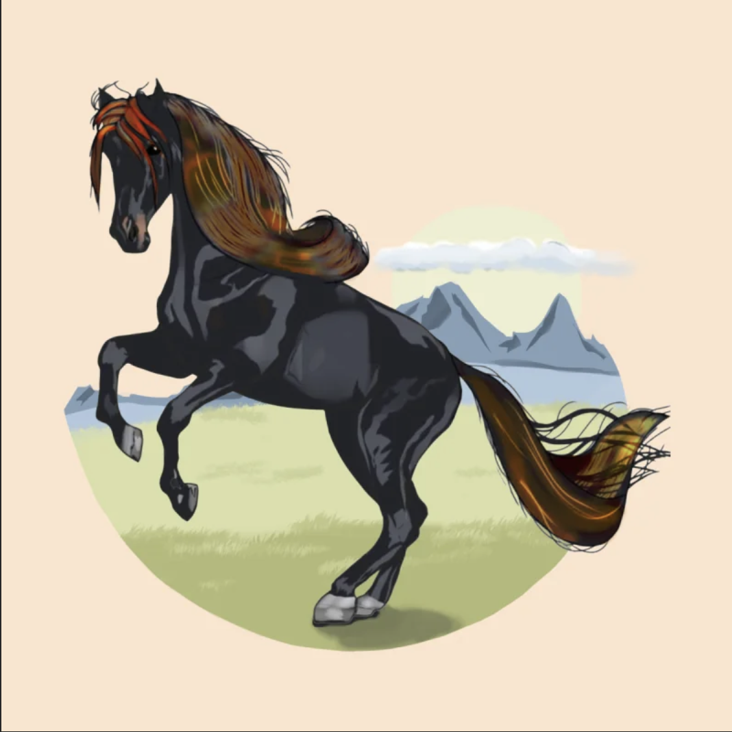 wild horse rearing with mountains in the background