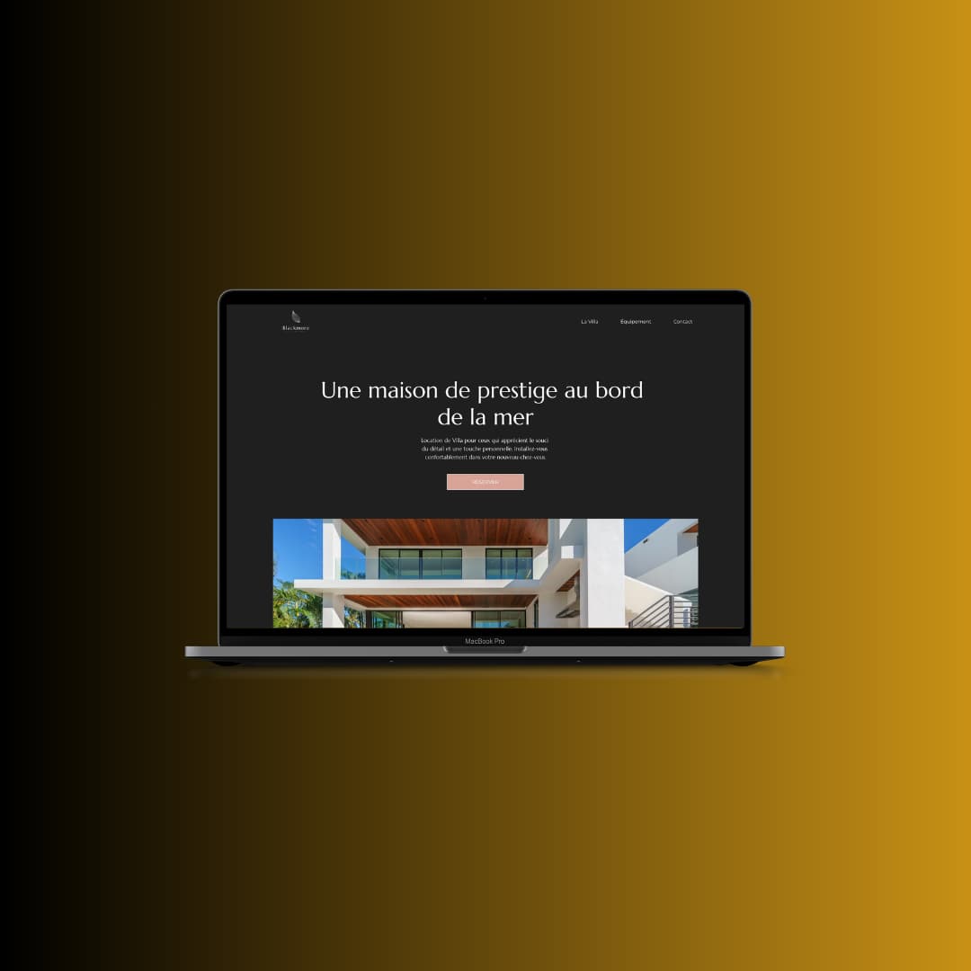 Luxury real estate website design displayed on a MacBook Pro laptop over a yellow gradient background.