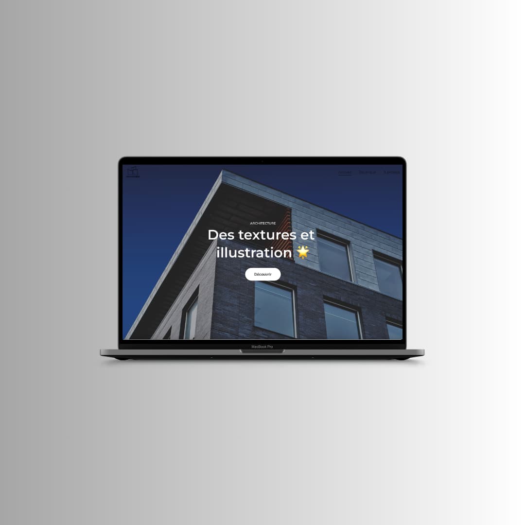 A MacBook Pro displaying a modern architecture website mockup with French text and a dark building photo.