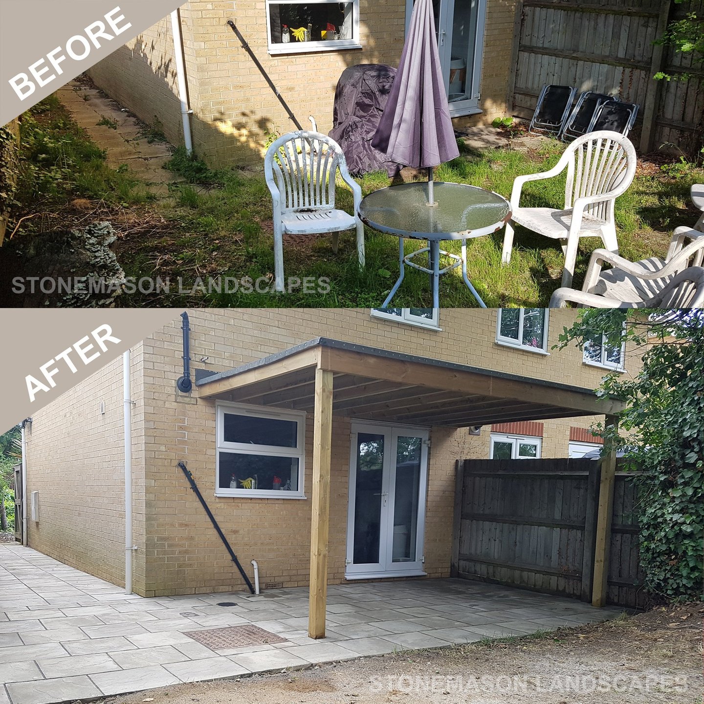 Before & After Budget Patio Paving Slabs & Pergola, Shelter Canopy.