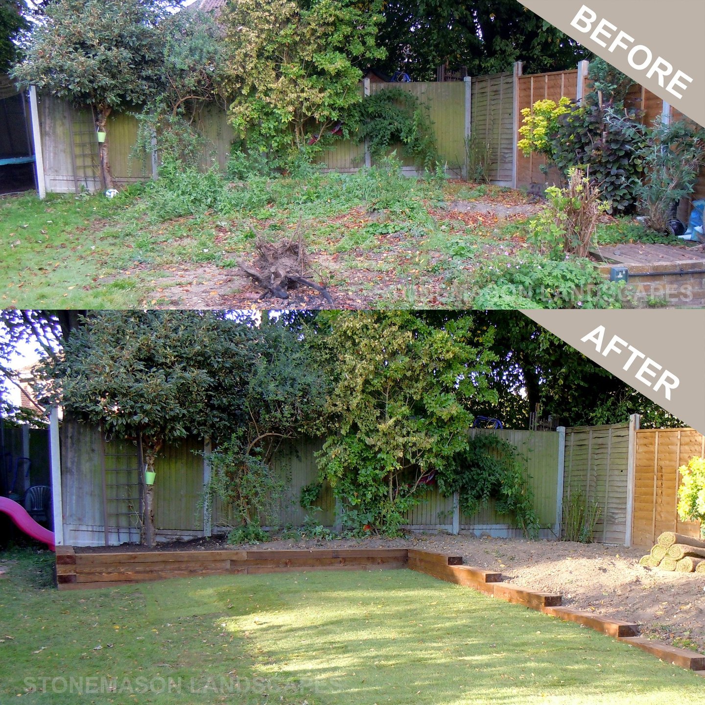 Before & After Sleeper Retaining Wall Planter