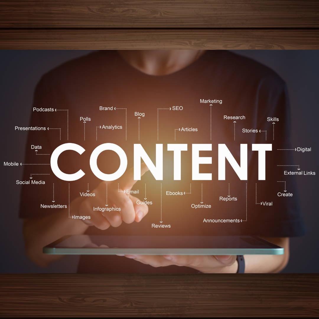 Person using a tablet with "CONTENT" displayed, surrounded by digital marketing keywords.