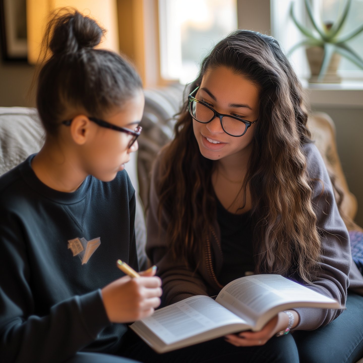 a tutor sitting on a couch with a young girl