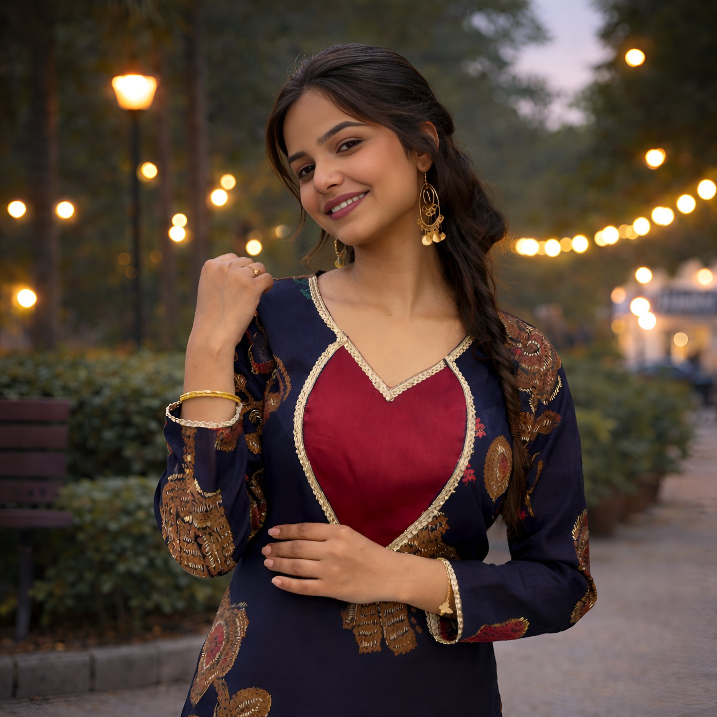 Smiling woman wearing an embroidered blue and red ethnic Indian dress with gold jewelry.