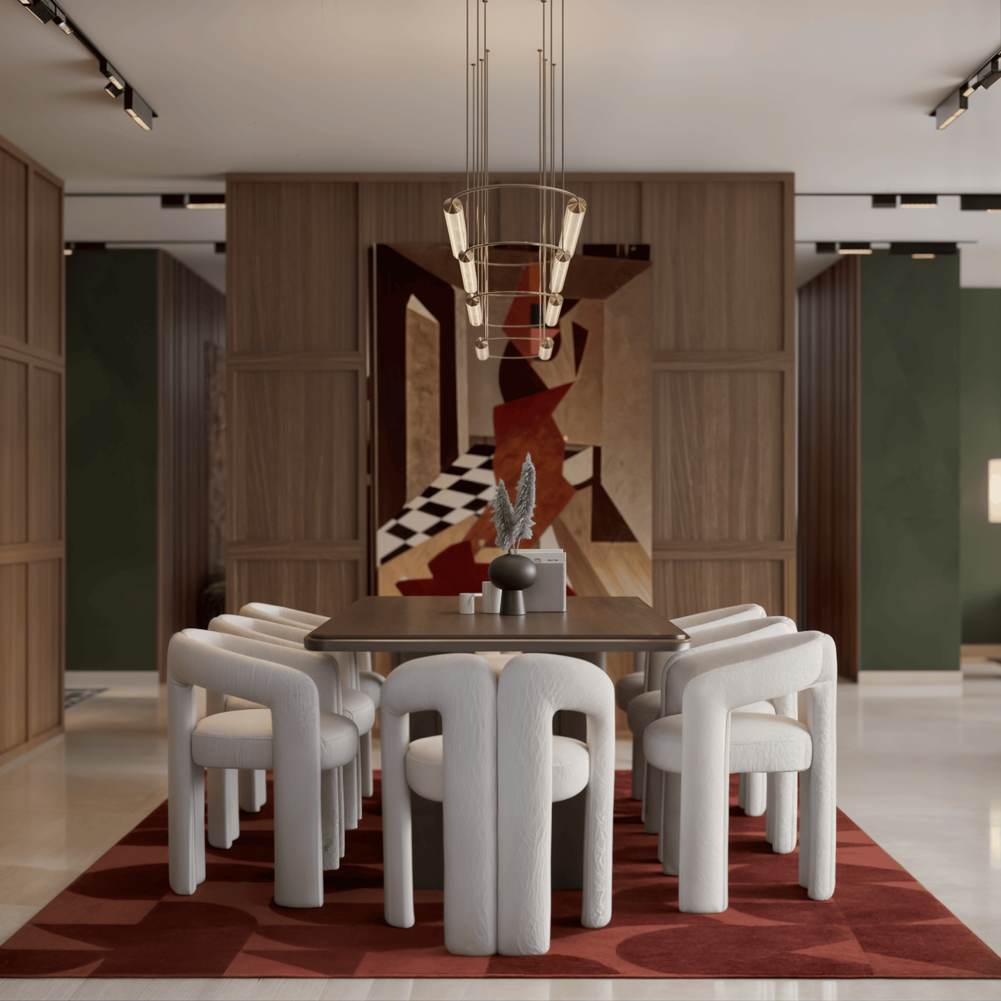 Dining space showing how colour and material create mood through layered textures and art