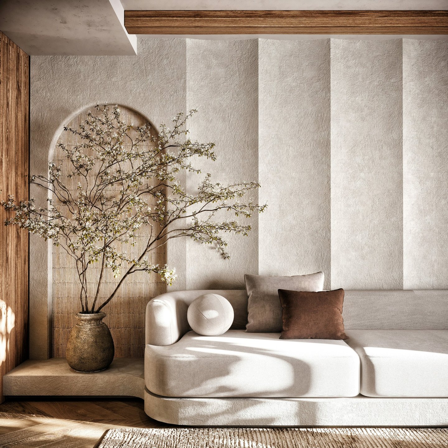 Modern minimalist lounge with limestone-textured walls and bespoke wood paneling in neutral palette
