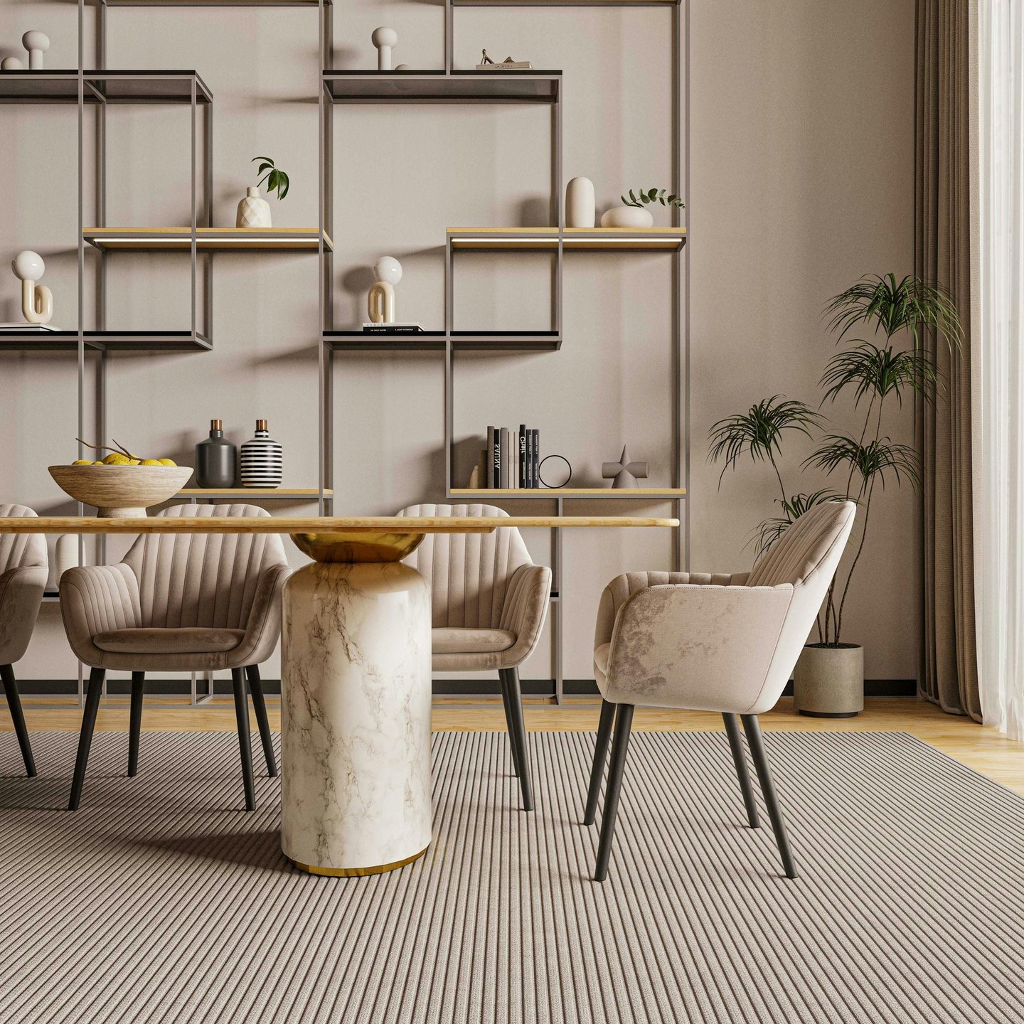 Elegant dining area with marble furniture and designer velvet seating in a warm minimalist style.